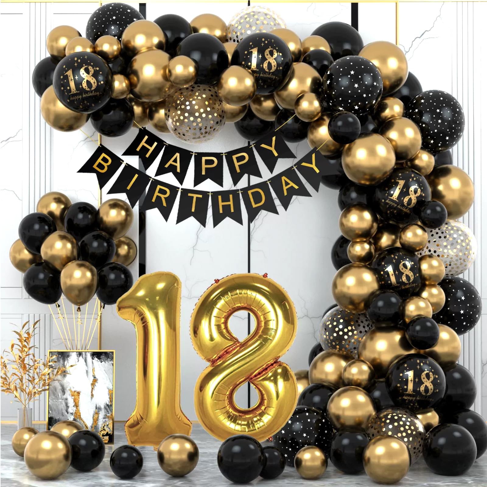 Photo 1 of 18th Birthday Decorations for Boys - Easy-Prep Balloon Arch Party Decor Kit - Vintage Tasteful - Black/Gold Tone Dday Set with Happy Birthday Banner, 40 inch Number 18 Foil Balloon