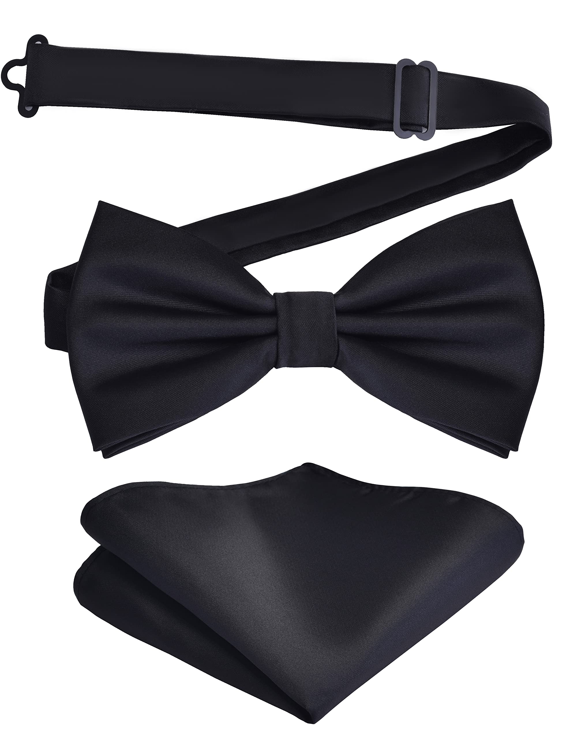 Mens Solid Color Double Fold Pre-tied Bow Tie and Pocket Square Set