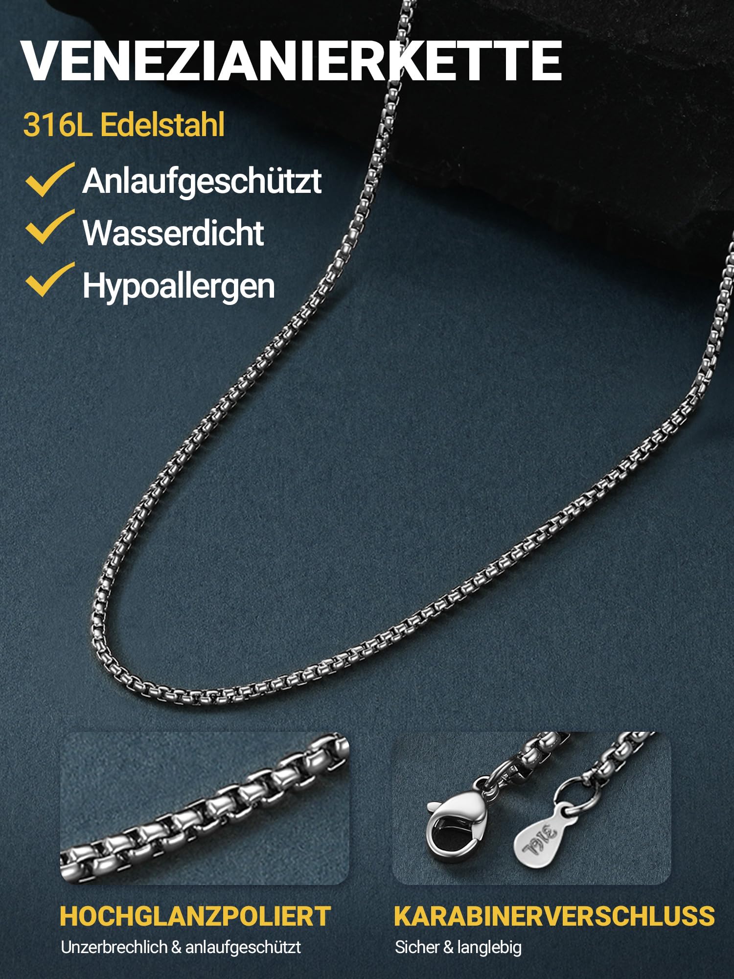 PROSTEEL Halskette Herren Damen Edelstahl Kette - Venetian Box Briolette Kette Silber/Gold/Schwarz Breite 2mm/3mm/6mm/8mm Länge 46-81cm Schmuck für Männer Jungen