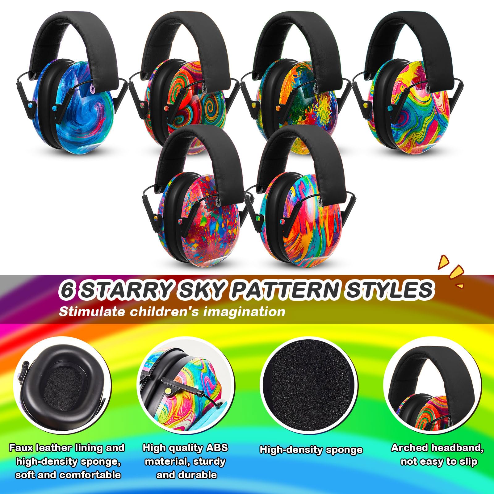 Amylove Kinder-Ohrenschützer, Geräuschunterdrückung, verstellbare Ohrenschützer (helle Farben, Batikfärbung), 6 Stück, Leuchtende Farben, Tie Dye