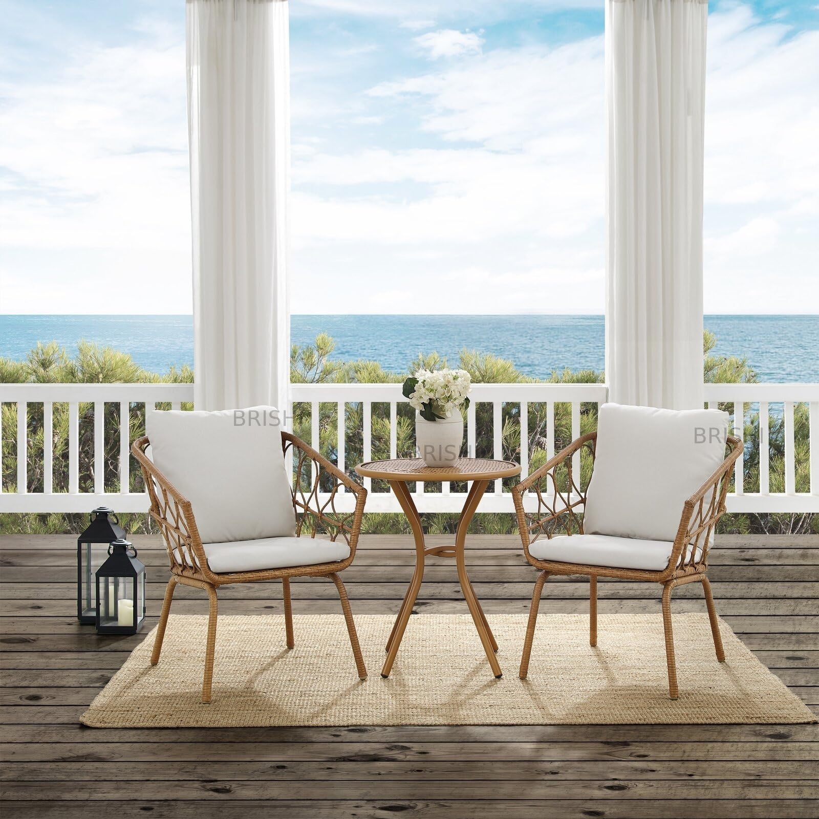 BRISHI Garden Patio Seating Chair and Table Set Outdoor Balcony Garden Coffee Table Set Furniture with 2 Chairs Set with Cushion and 1 Table (Honey/White)-image-15