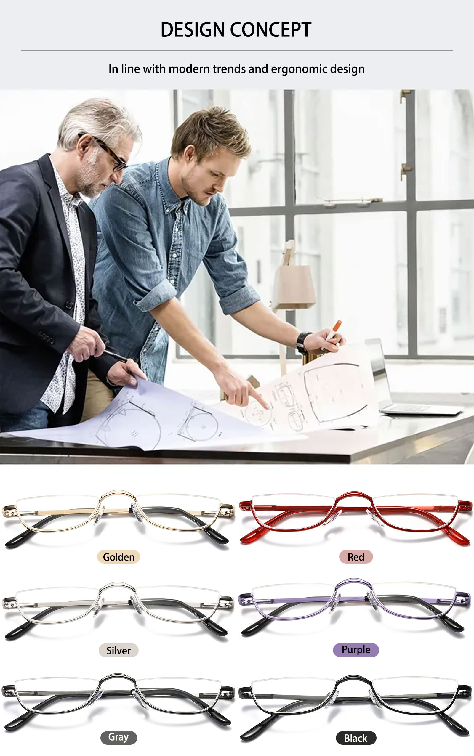 KOOSUFA Metall Lesebrille Halbrandbrille Herren Damen Federscharnier Halb Rund Metallrahmen Lesebrillen Lesehilfe Sehhilfe mit Stärke 1.0 1.25 1.5 1.75 2.0 2.25 2.5 2.75 3.0 3.5 4.0
