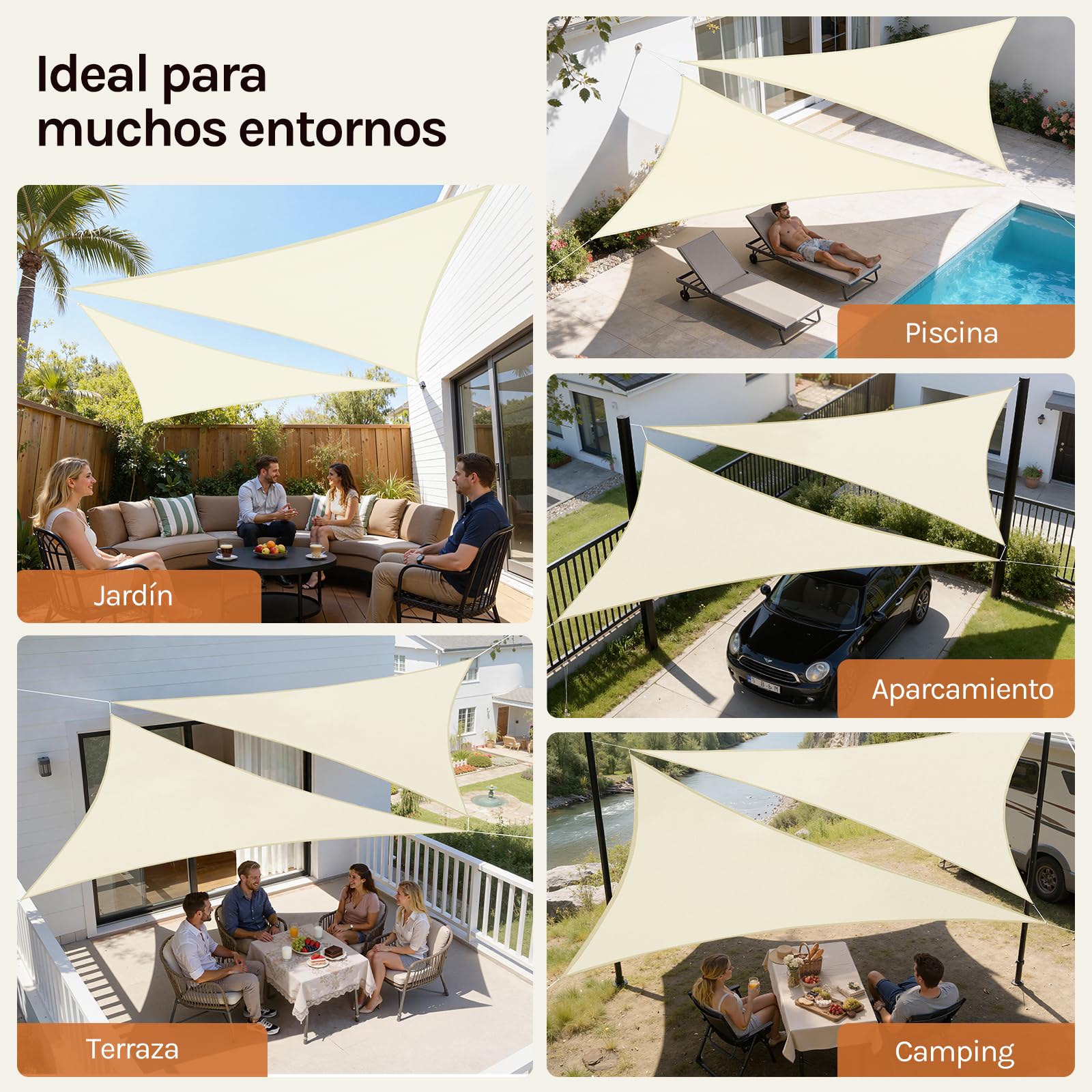 WOLTU Toldo Vela de Sombra Triangular 5x5x7 m HDPE Transpirable Anti Rayos UV Solar protección 85% Resistente y para Jardín, Patio, Exteriores Arena, Crema
