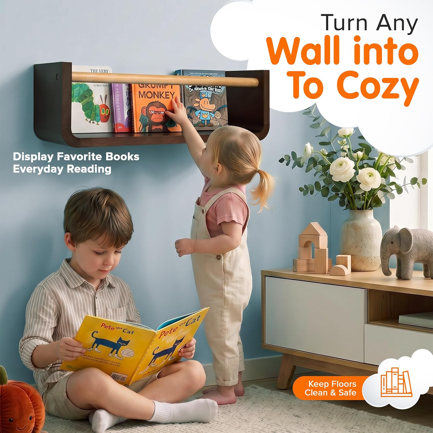 Ovalo Nursery Book Shelves Set of 2 - Solid Pine Wood Nursery Bookshelf, Floating Nursery Shelves for Wall, Wall Bookshelf for Kids Room, No-Assembly Wall Mounted Baby Book Shelf. (Walnut Brown)