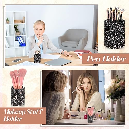 Miniatura 5 de Sabary 8 bolígrafos negros con soporte para bolígrafo para escritorio, con purpurina, diamantes de cristal, bonito soporte para lápices, organizador
