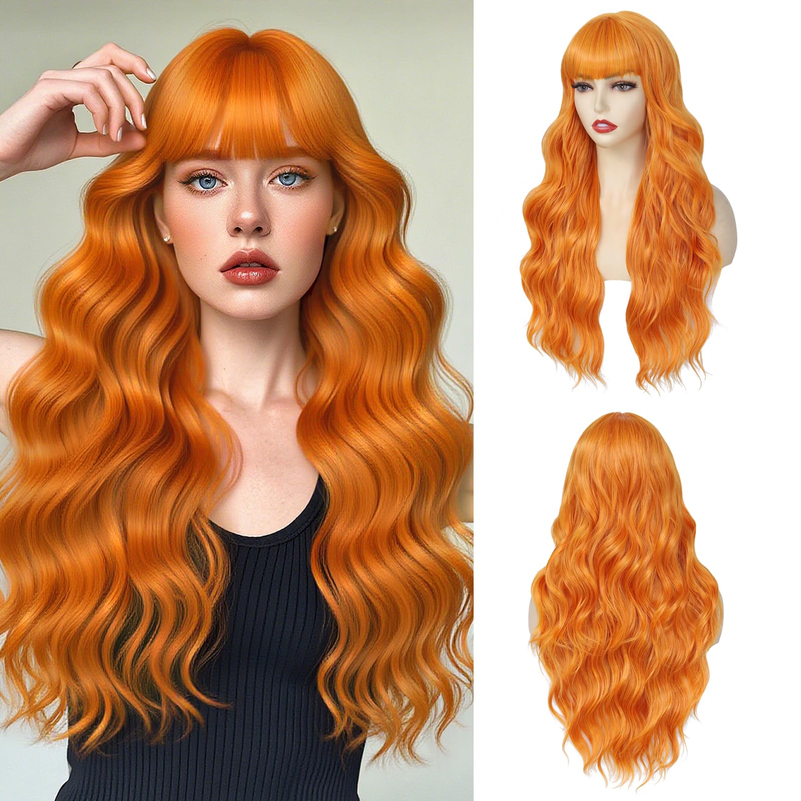 Long Orange Wavy Wig With Bangs for Women 26 Inch Ginger Curly Wavy Wig With Bangs Natural Looking Synthetic Heat Resistant Fiber Wig for Daily Party
