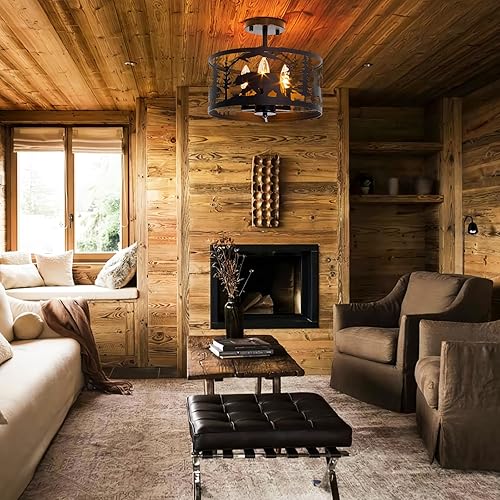 Miniatura 3 de Lámpara de techo rústica semiempotrada, base E12 de 3 luces, color negro, redonda, de metal, para cocina, pasillo, sala de estar, estilo industrial