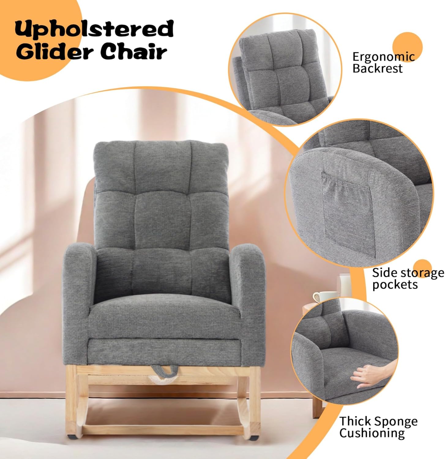 Rosevera Nursery Rocking Chair with Adjustable Footrest for Living Room - Teddy Fabric, Solid Wooden Legs, Comfortable Lounge Armchair with High Backrest and Side Pockets (Contemporary, Gray)