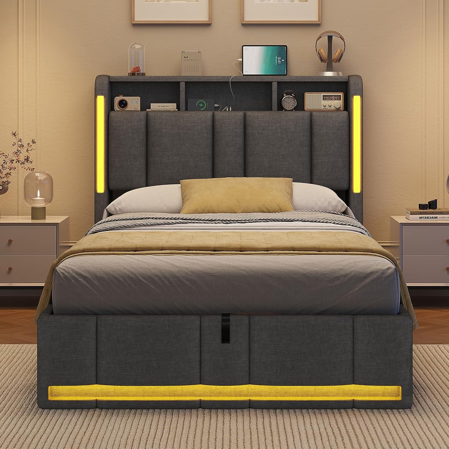 AOGLLATI Cama Individual 90x200 cm, Cama Canape con Almacenamiento Hidráulico y iluminación LED, Somier con Estación de Carga y Cabecero Tapizado, Moderno, Gris Oscuro, Sin Colchón