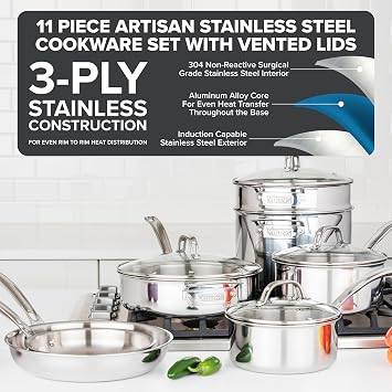 Viking Artisan 3-Ply Stainless Steel 11-Piece Cookware Set with Vented Glass Lids, Fry Pans, Saucepans, Saute Pan, Stock Pot with Strainer Insert, Oven Safe up to 600F