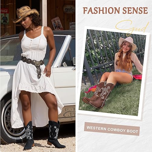 Miniatura 2 de Jeossy Botas vaqueras a media pantorrilla con bordado de flores, tacón bajo, botas vaqueras occidentales 9807 para mujer