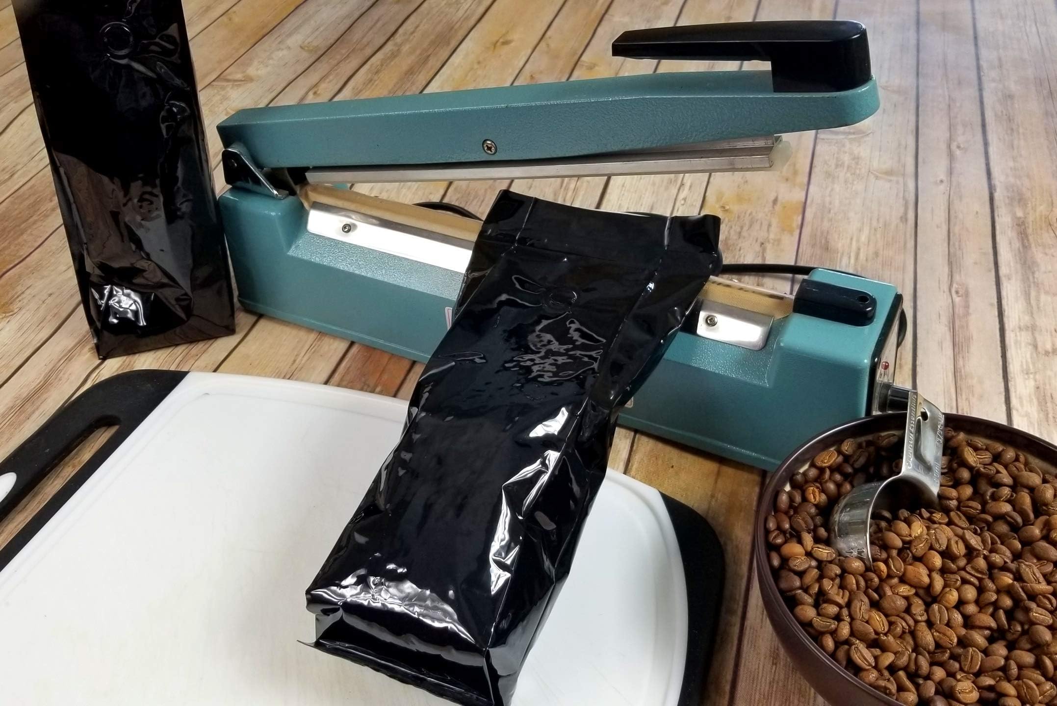 Heat Seal 1 lb Foil Coffee Bag – 5 mil Mylar 16 oz Black Gloss Gusseted Stand up Pouch with Degassing Valve - 13"x3.4"x2.5" (50)