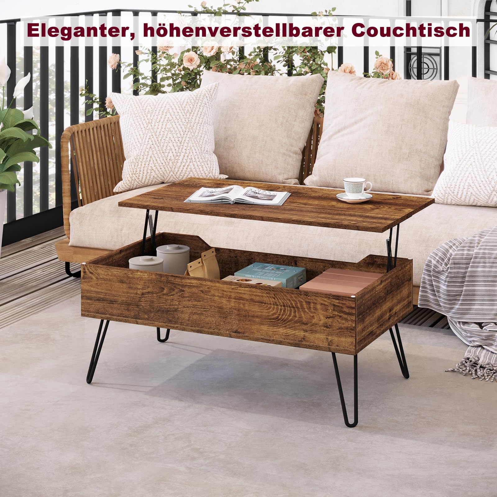 WOLTU Couchtisch Wohnzimmertisch höhenverstellbar ausziehbar, Kaffeetisch mit verstecktem Stauraum, für Wohnzimmer Büro, Metallbeine, 95x(40-55,5) x50 cm, Vintage-Holzoptik Schwarz, BTS18hov
