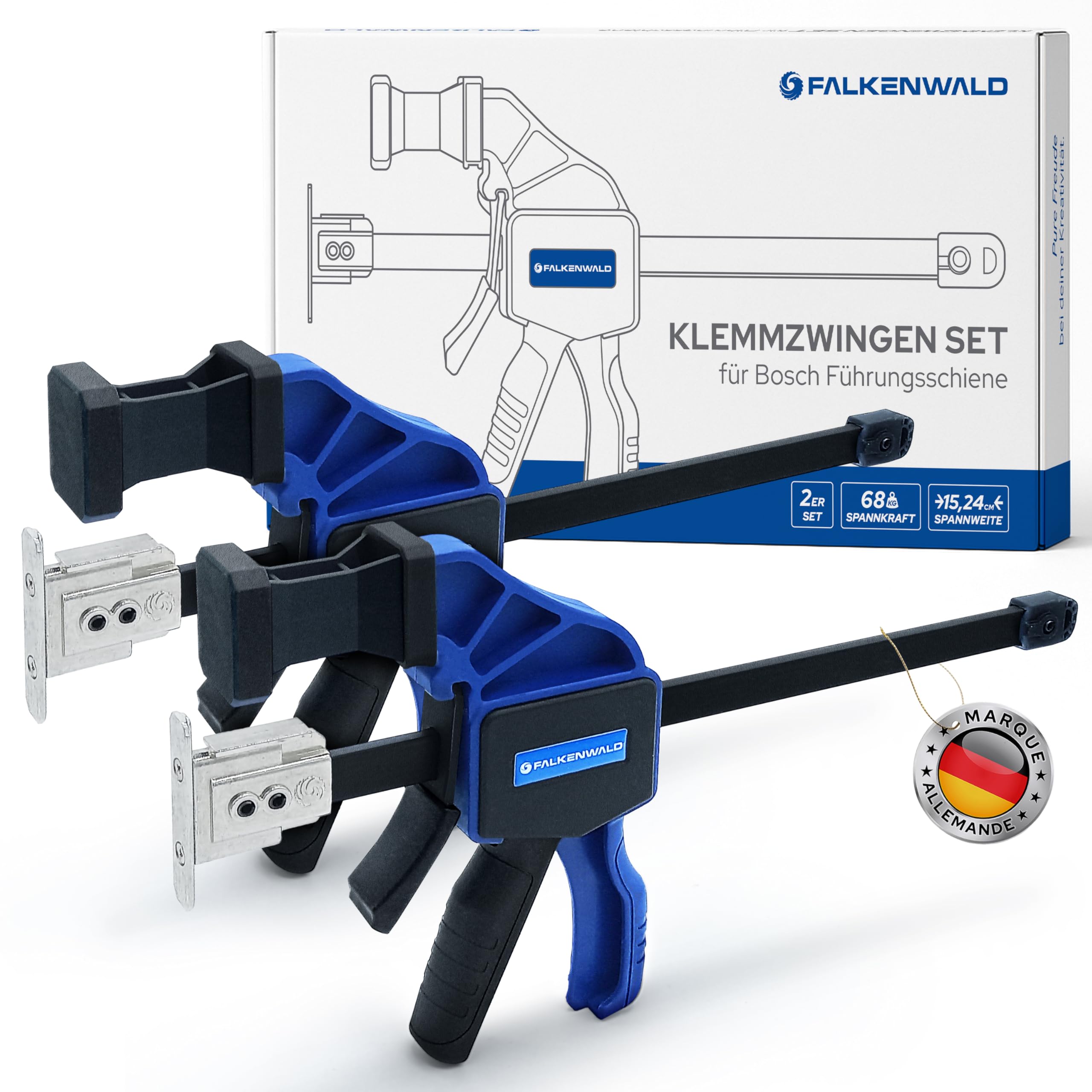 Falkenwald® Jeu de 2 Serre Joints à Libération Rapide pour bosch - Largeur de Serrage 150 mm et 240 mm - Force de Serrage Maximale de 68 kg pour Travail du Bois, des Métaux et DIY
