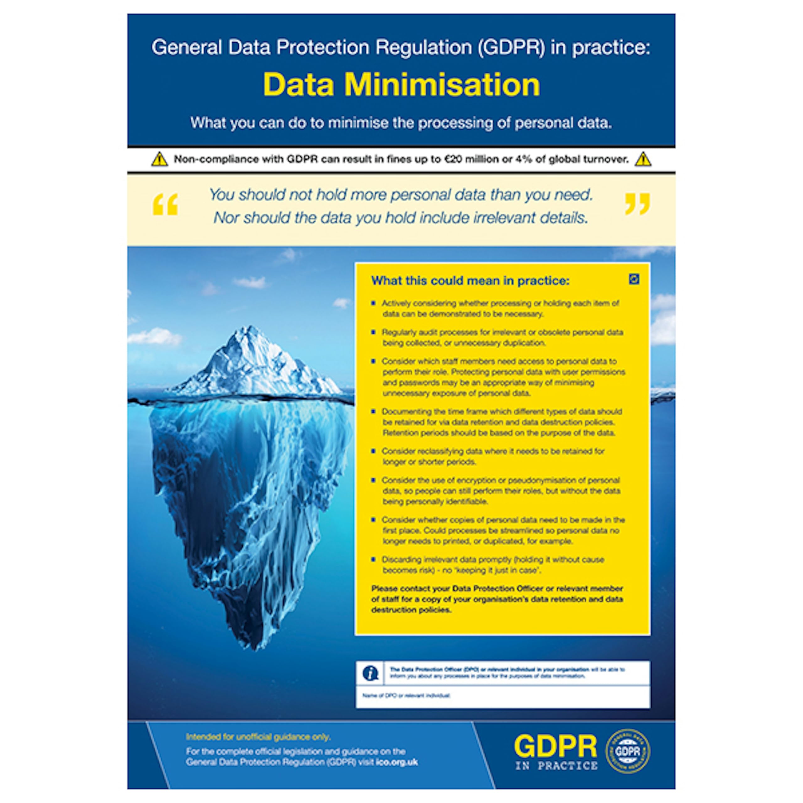 V Safety GDPR In Practice Poster - Data Minimisation 297 x 420 mm (A3) - Standard 0.2mm Flexi-Plastic Safety Sign