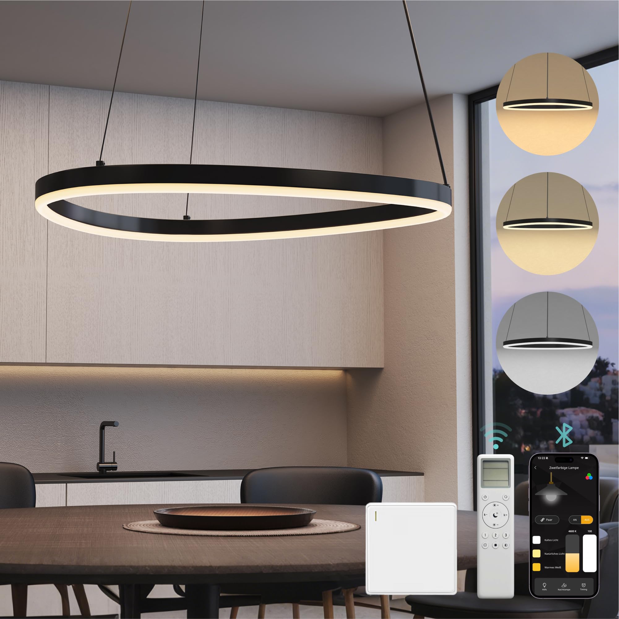 Mai & Mai LED Pendelleuchte Esstisch Stufenlos Dimmbare Fernbedienung & App | Pendellampe im Saturnring-Design Höhenverstellbar 50–150 cm, 3000–6000 K für Esstisch Wohnzimmer Küche, Luvina06