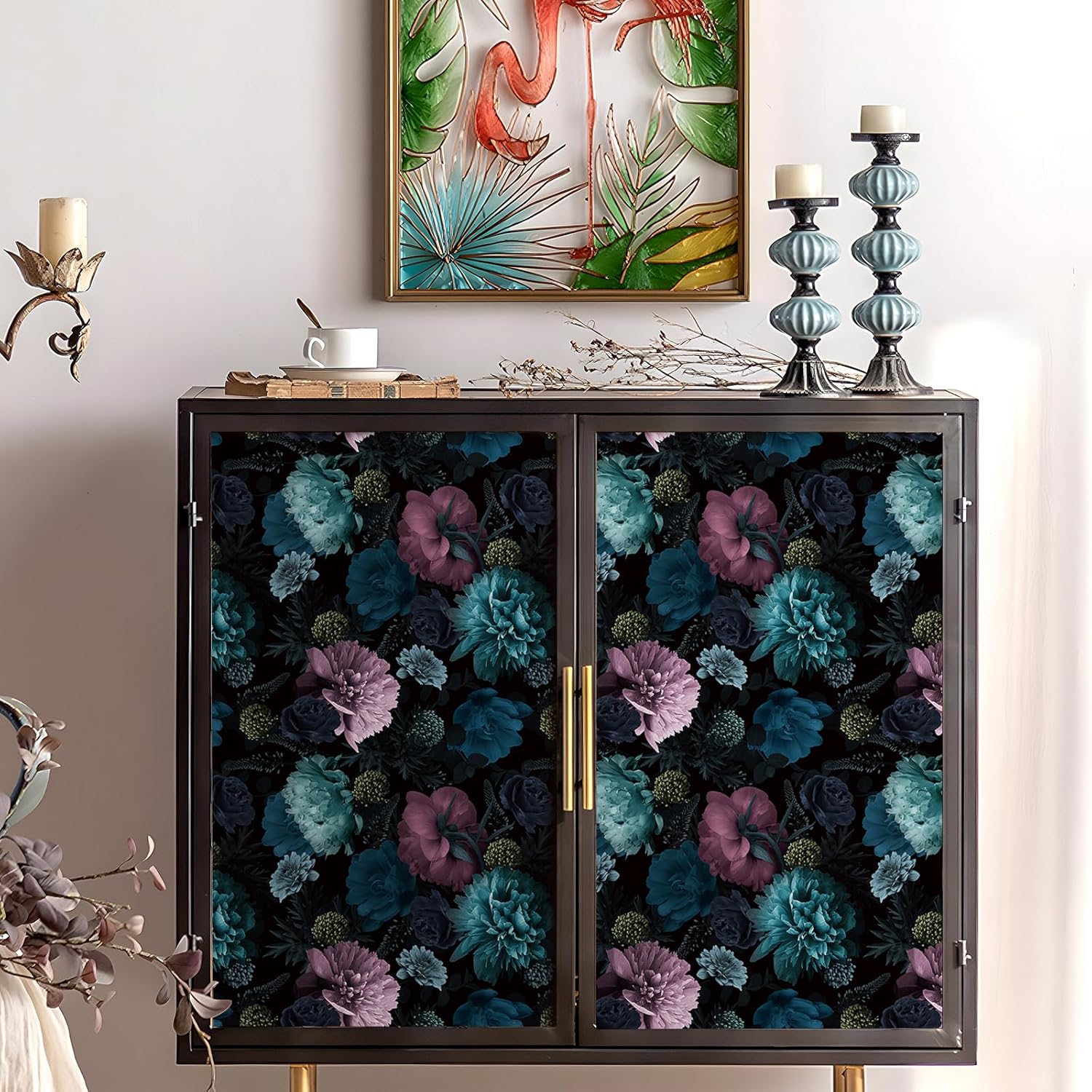Stickyart Dark Floral Peel and Stick Wallpaper Retro Contact Paper Self Adhesive 17.5"x276" Wall Mural Vintage Wall Paper Moody Removable Dark Blue Flower Wallpaper for Drawers Living Room Decor