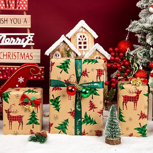 Miniatura 40 de Yarcony Papel kraft de regalo de Navidad, papel de regalo negro, árboles de Navidad de lujo, renos, copos de nieve, papel de estraza resistente