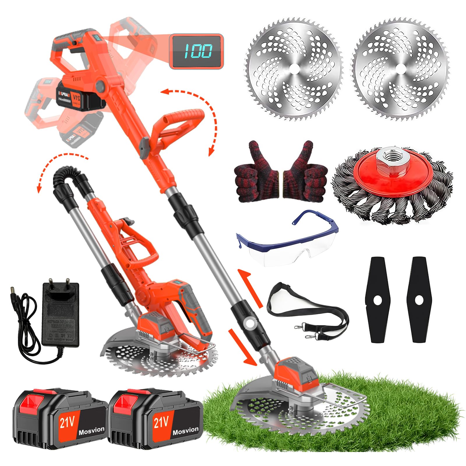 Desbrozadora eléctrica con batería con cepillo para malas hierbas, 21 V, desbrozadora eléctrica con batería, 2 baterías de 4,0 Ah y cargador, cabezal ajustable, mango telescópico para jardín, césped