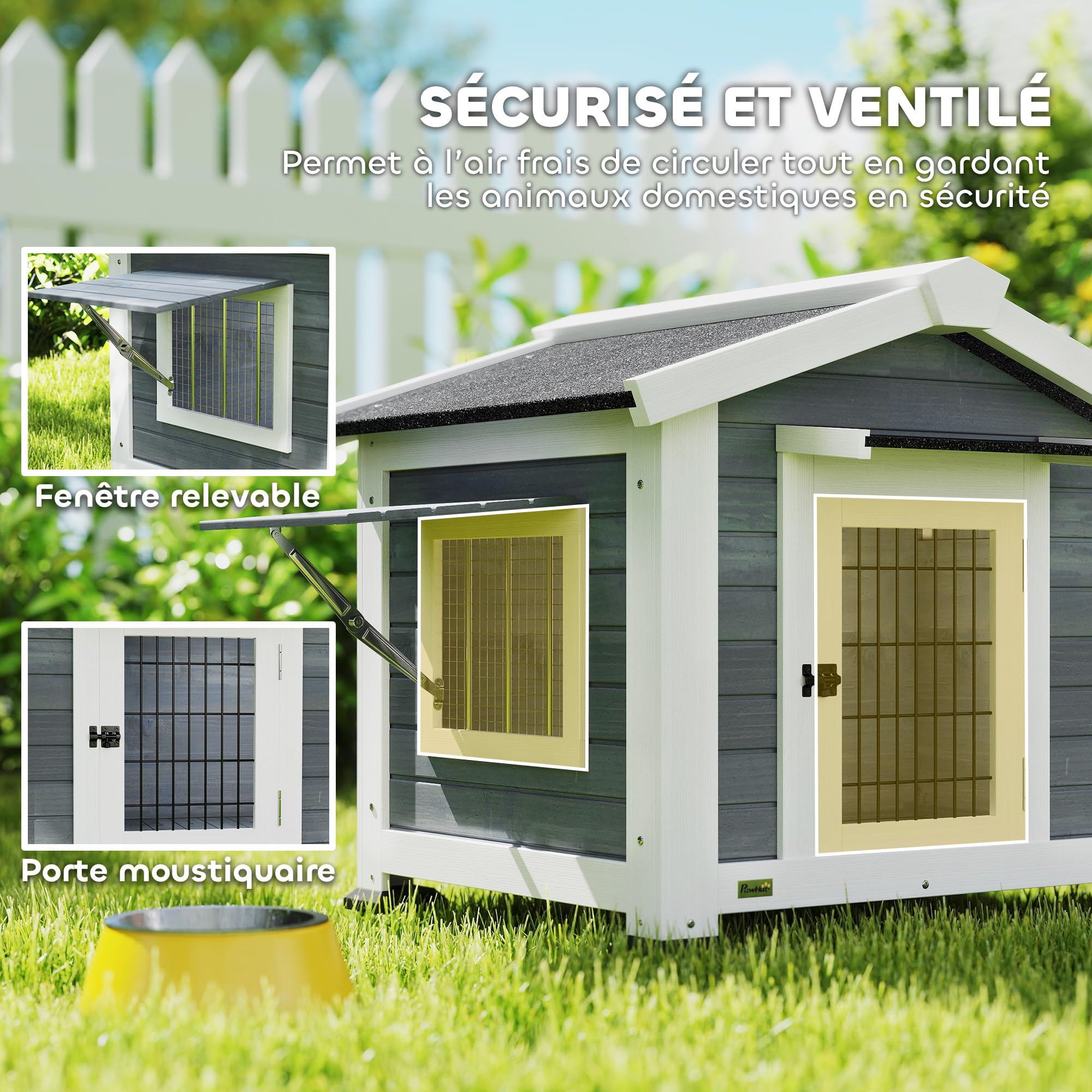 PawHut Niche pour Chien Extérieur en Bois avec Plancher Amovible - Abri Jardin Surélevé avec Auvent de Porte, Toit Imperméable, Fenêtre Ouvrable - Maisonnette pour Chien Chat Moyen et Petit, Gris