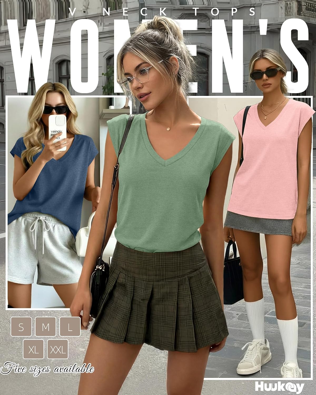 Huukeay 3 Pack Women’s V Neck T Shirts, Cap Sleeve Summer Casual Tops Loose Fit Short Sleeve Tees Basic Trendy Shirts