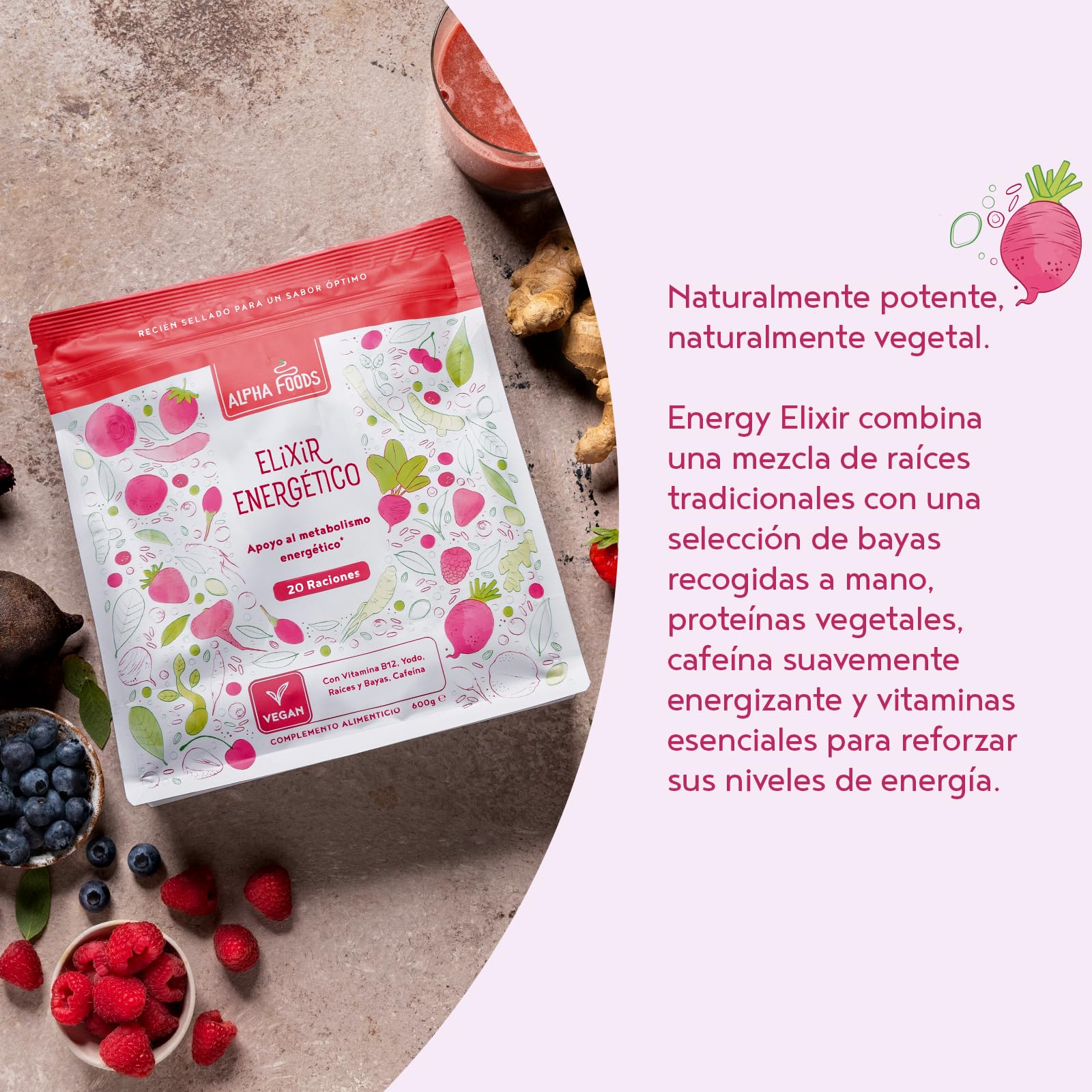Elixir Energético | 600 Gramos | Superfood Smoothie Powder con raíces y bayas: Maca, Cúrcuma, Guaraná, Yerba Mate, Frambuesas, Açai, Bayas de Goji | Alternativa al Café | Alpha Foods