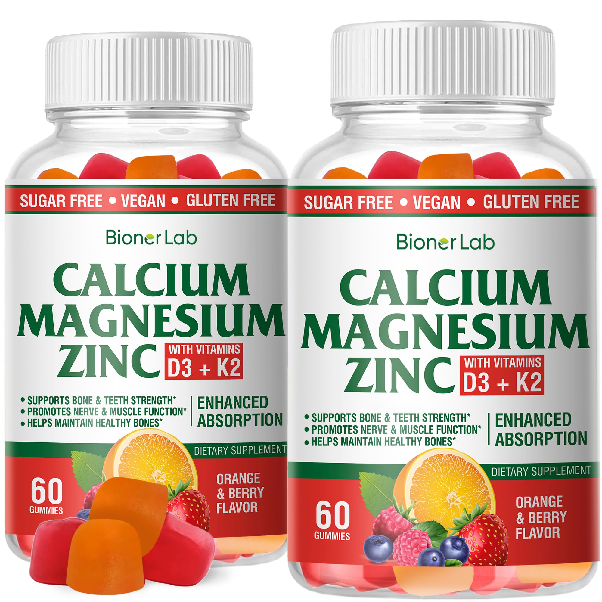 BionerLab Gomas de Cálcio, Magnésio e Zinco com Vitaminas D3 e K2, 60 gomas, pacote com 2