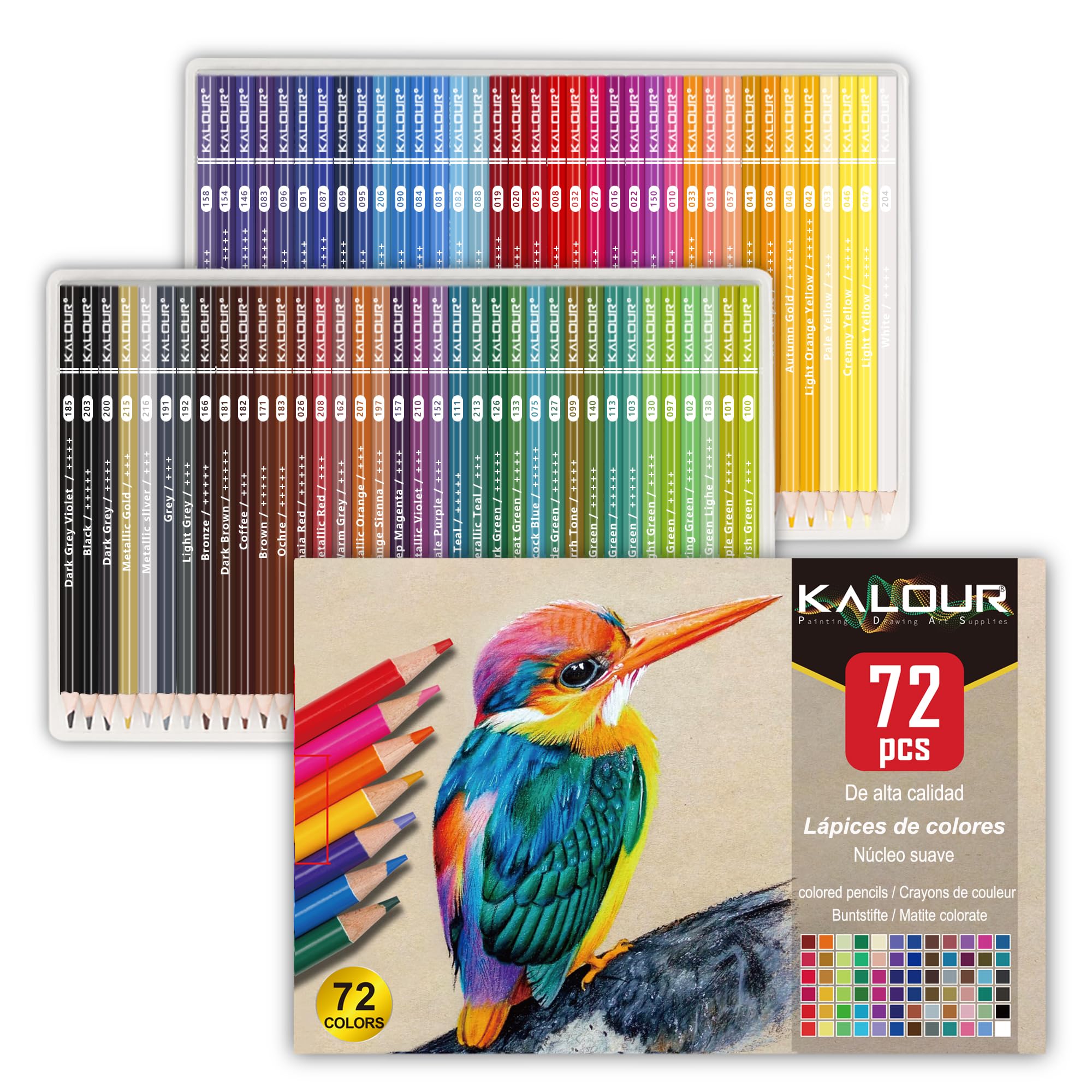KALOUR set de 72 lápices de colores, ideal para adultos y jóvenes principiantes. Mina suave perfecta para dibujar, mezclar y sombrear. Regalo ideal.