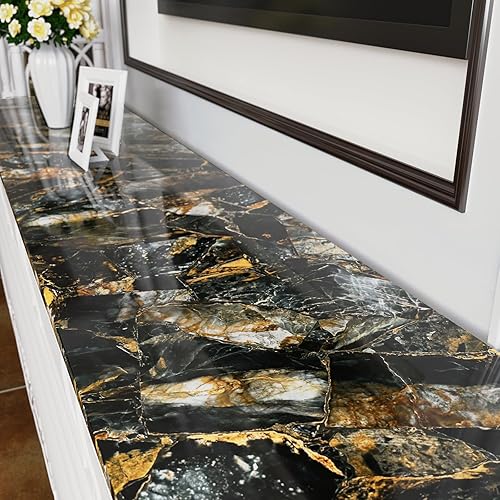 Miniatura 4 de CHIHUT Papel de contacto de mármol brillante para encimeras de oro negro de 17.7 x 236 pulgadas, papel de contacto de mármol brillante para