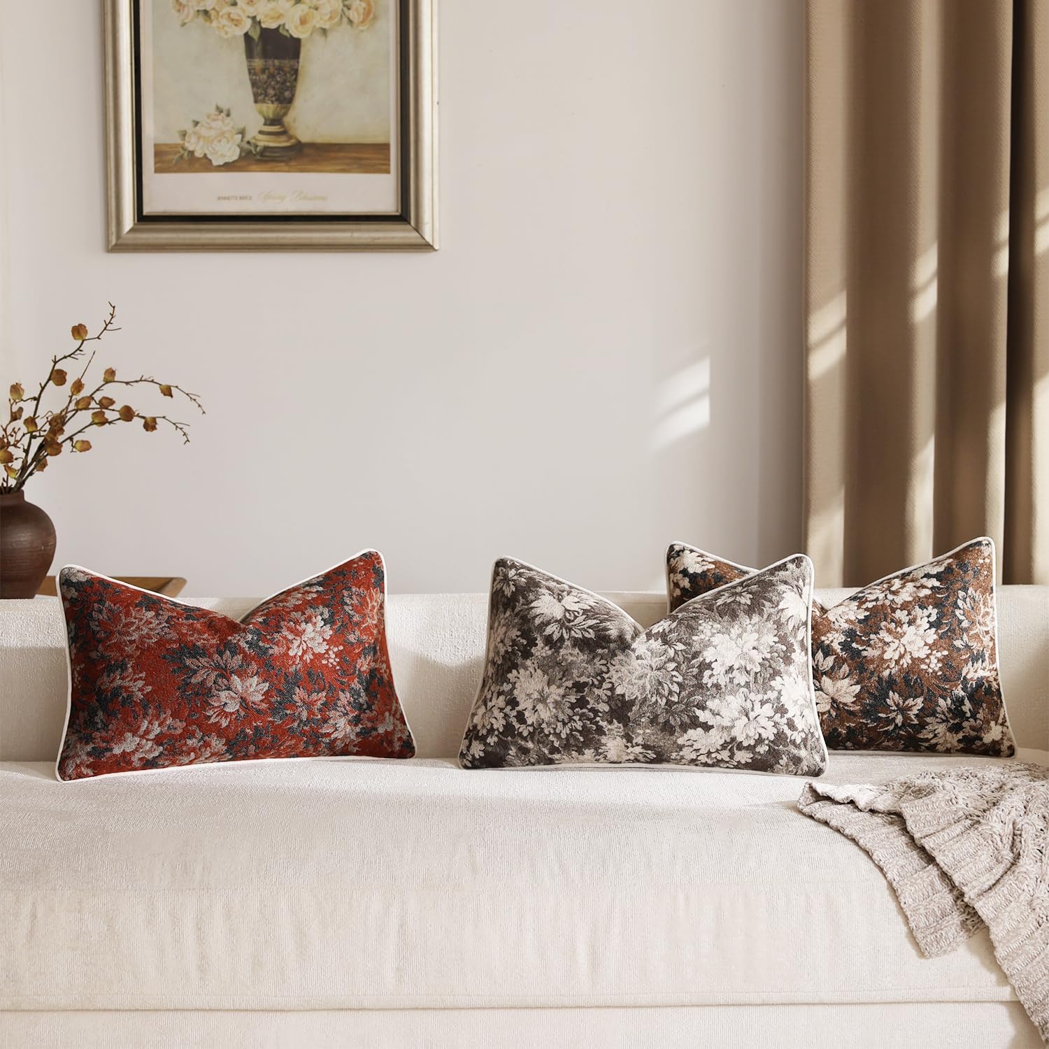 Pack of 2 Vintage Floral Pillow Covers 12x20 Boho Farmhouse Accents Chenille Rectangular Lumbar Decorative Throw Pillow Cases for Living Room Couch Bed Home Decor, Dark Brown - Image 2