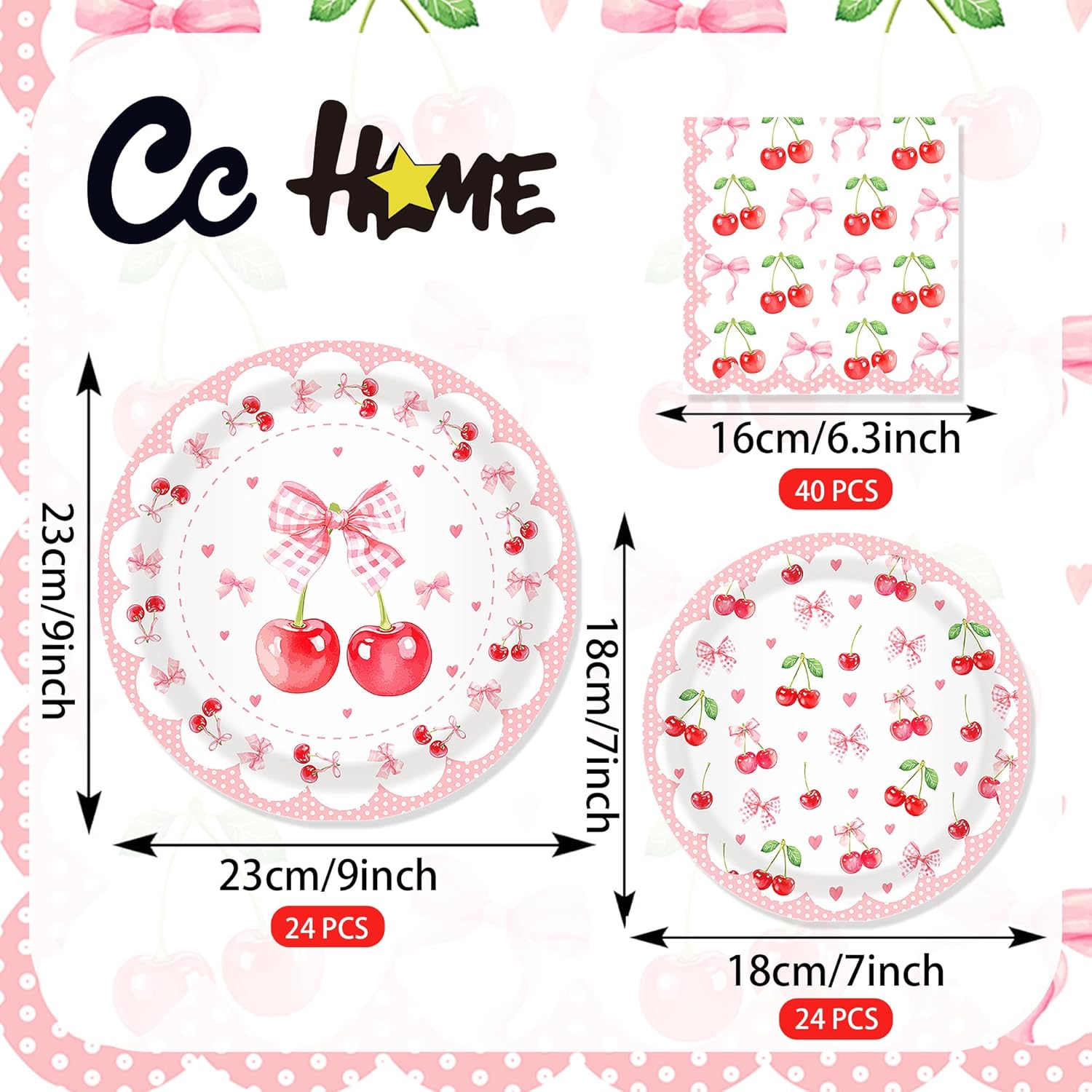 CC HOME Pink Cherry Birthday Paper Plates Napkins Sweet Cherry Disposable Tableware Set Party Supplies Summer Fruit Theme Dinnerware Serves 24 Guests for Audlts Kids Baby Shower Birthday 88PCS - Image 2