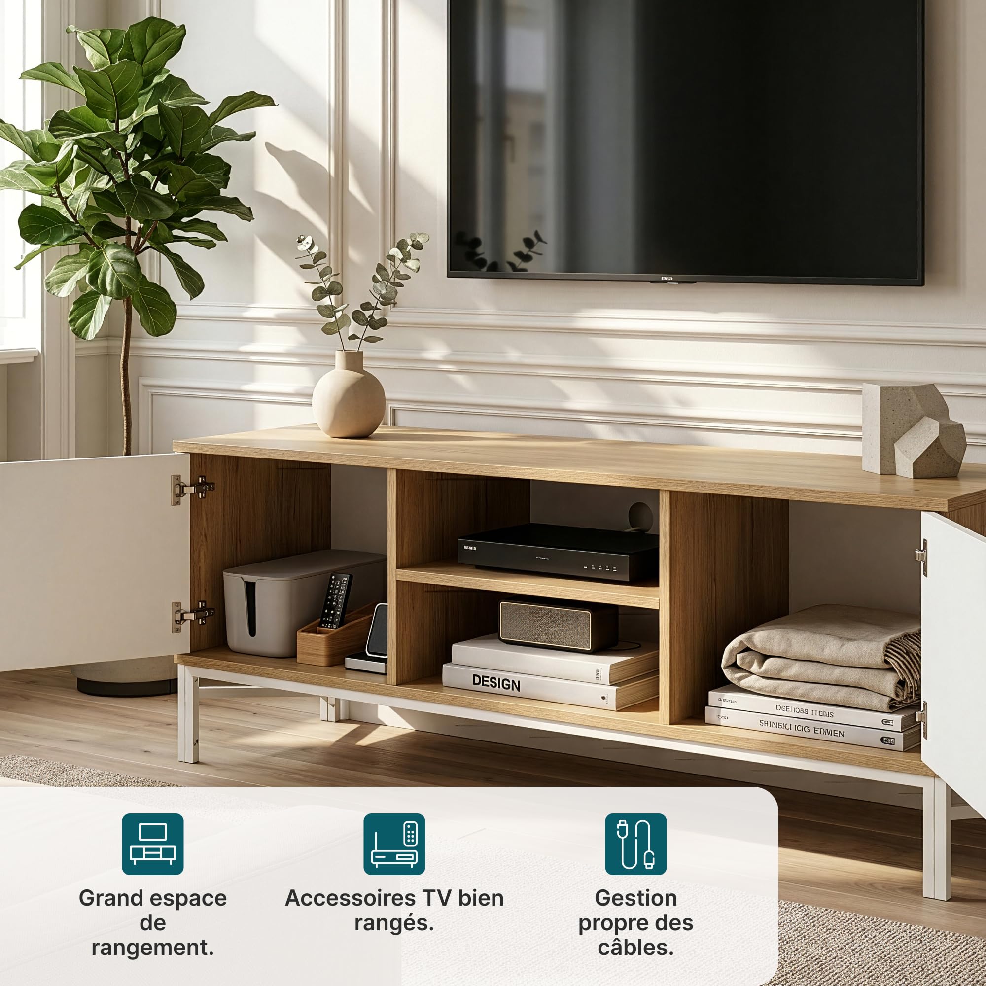 [en.casa] Meuble TV Kerrköndam sur Pieds 120 x 40 x 46 cm Effet Chêne Blanc