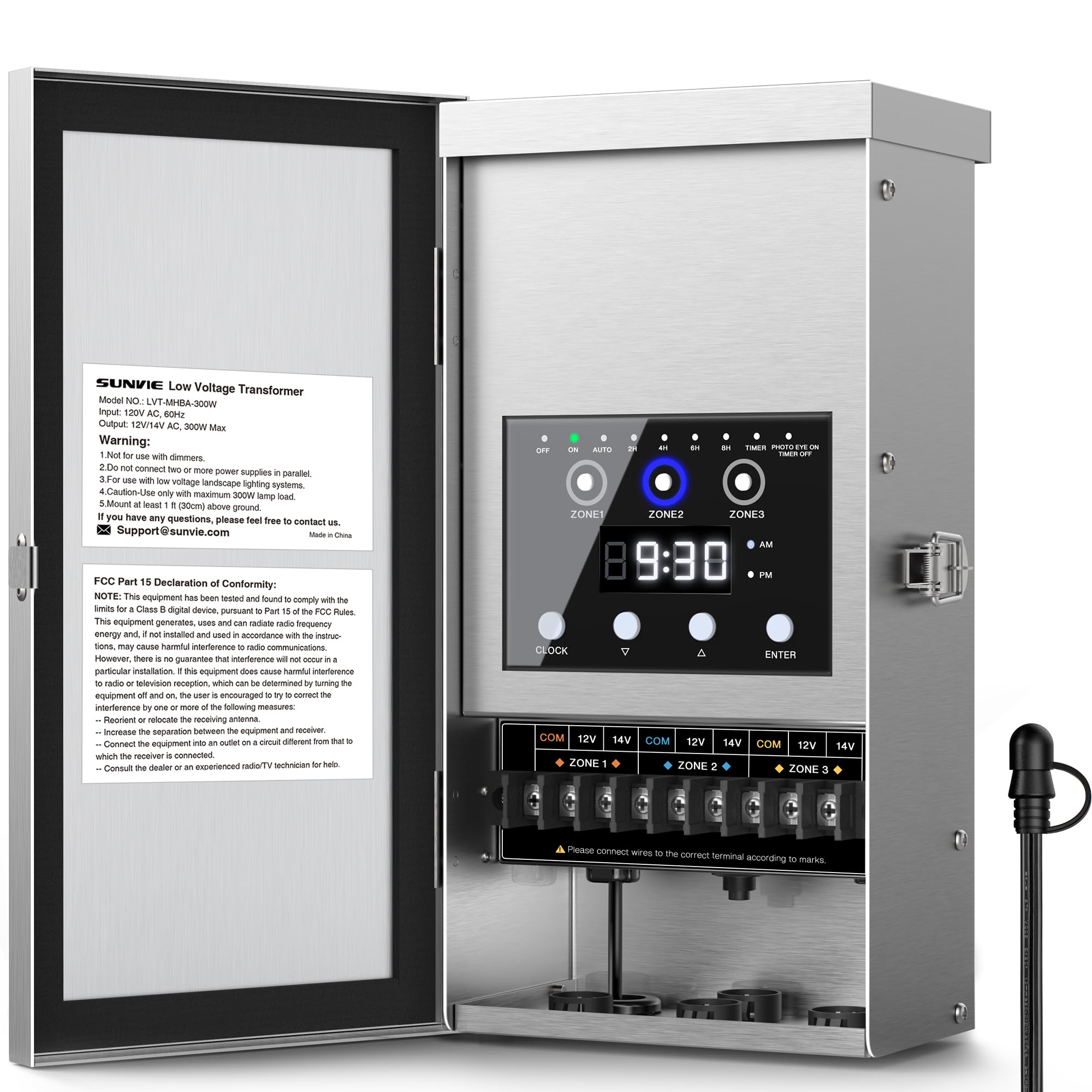 SUNVIE 300W Low Voltage Landscape Transformer 3-Zone Independent Control Outdoor Low Voltage Transformer with Timer and Photocell Sensor 120V AC to 12V/14V-image-39