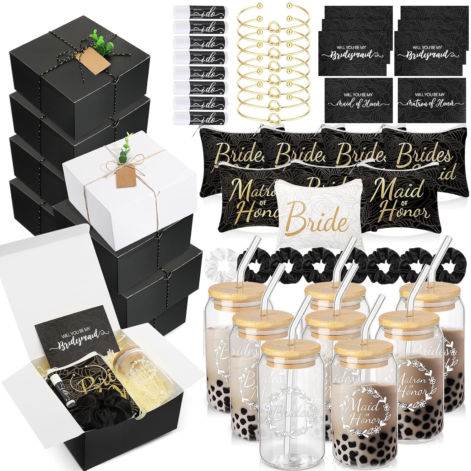 72 Pcs Bridesmaid Proposal Gifts, Will You Be My Bridesmaid, Bride Maid and Matron of Honor Gifts Include Gift Box Glass Cup Makeup Bag Cards Lip Balm Hair Scrunchie Bracelet(Black, White)