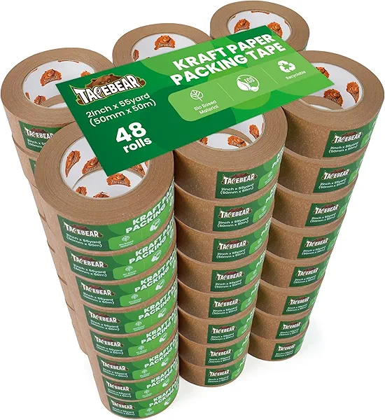 TAPEBEAR Eco-Friendly Kraft Paper Tape, Biodegradable Heavy Duty Packing Tape 2Inch x 55Yard, Recyclable Packaging Tape Self Adhesive Box Tape for Shipping, Sealing, Moving & Masking, 48Rolls