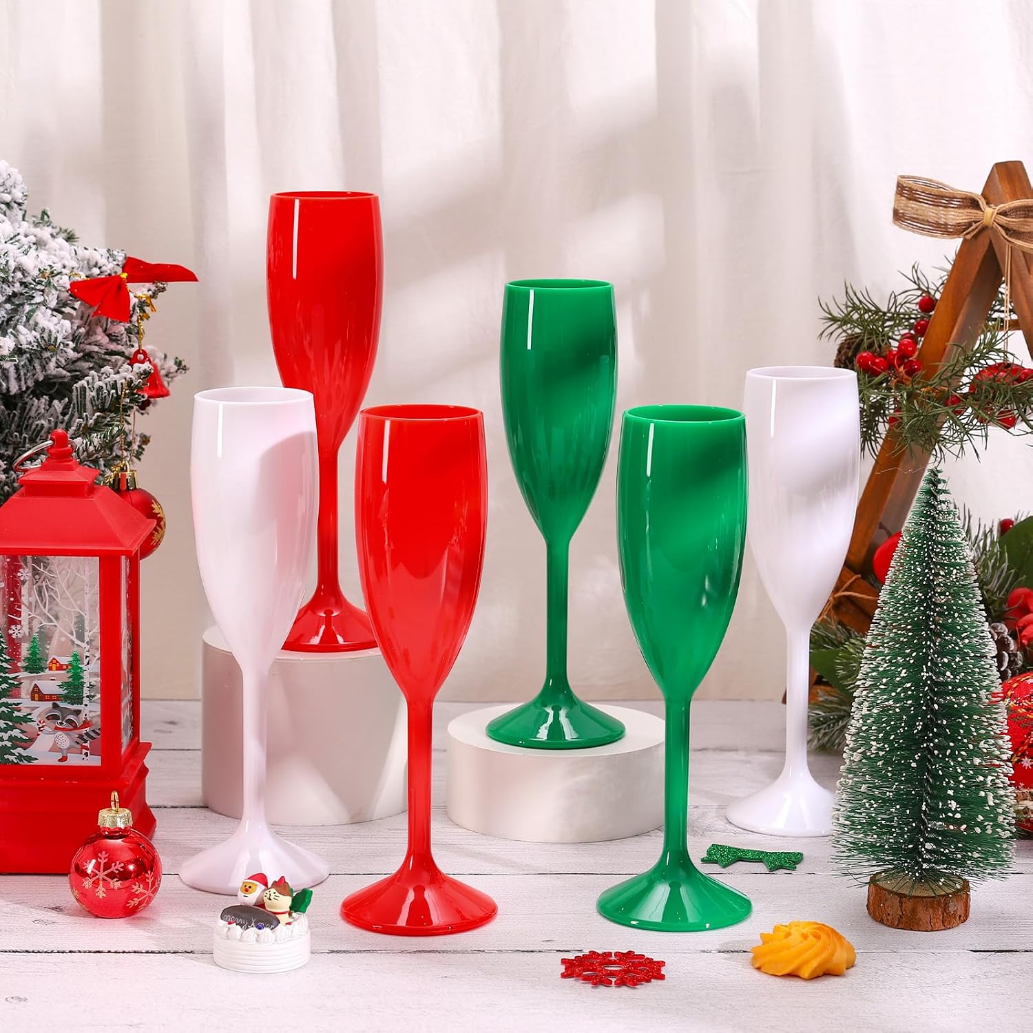 Whaline 12 Pack Christmas Champagne Flute Acrylic Glasses Stemmed Red Green White Champagne Flutes Plastic Reusable Cocktail Wine Cups for Xmas Wedding Birthday Bachelorette