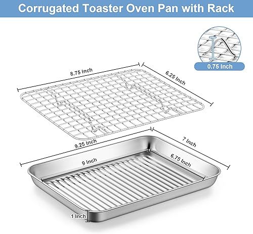 Miniatura 2 de TeamFar Molde para horno tostador con rejilla de enfriamiento, mini bandeja de acero inoxidable para horno tostador compacto, 9 pulgadas, fondo