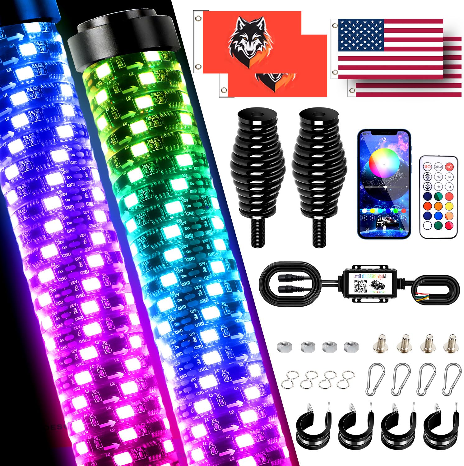 AUDEXEN 2PCS Second Generation Fat 2FT RGB Whip Lights with Heavy-Duty Spring Base, Spiral Led Whip Light with App & Remote Controller Compatible with Jeep ATV UTV RZR Polaris Can-Am Truck Off-Road