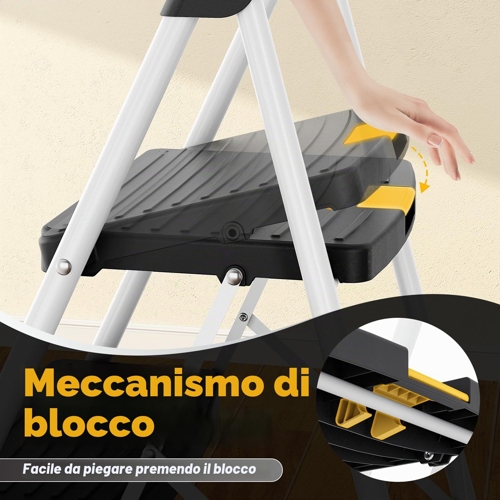 Urackify Scaletta 3 Gradini Pieghevole, portata 150 kg, sgabello pieghevole per Casa Ampia Pedata Antiscivolo & Maniglia Sicura Design Compatto, scala Pieghevole ideale per uso domestico e lavorativo
