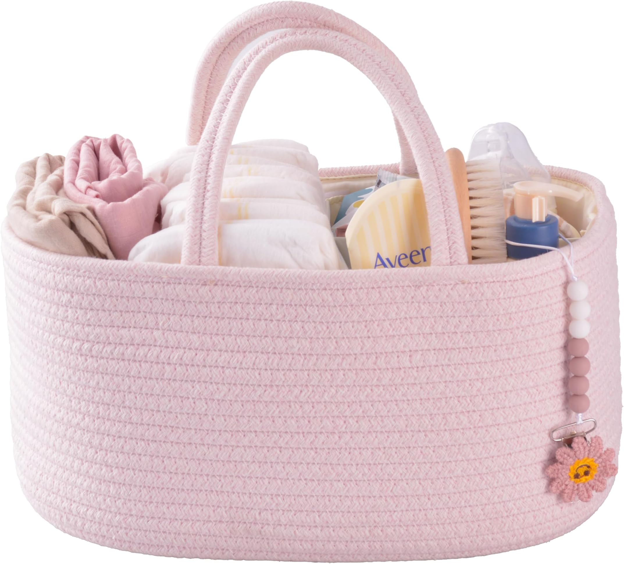 Baby Diaper Caddy Organizer for Girl Boy Rope Nursery Storage Bin Basket Portable Holder Tote Bag for Changing Table Car Travel Baby Shower Gifts Newborn Essentials Registry Must Have Items Pink