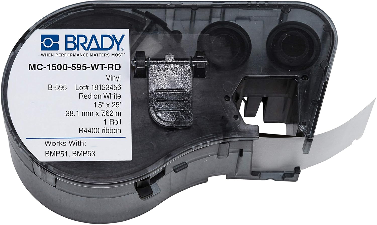 Brady MC-1500-595-WT-RD Vinyl B-595 Red on White Label Maker Cartridge, 25' Width x 1-1/2" Height, For BMP51/BMP53 Printers