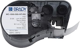 Brady MC-1500-595-WT-RD Vinyl B-595 Red on White Label Maker Cartridge, 25 Width x 1-1/2" Height, for BMP51/BMP53 Printers
