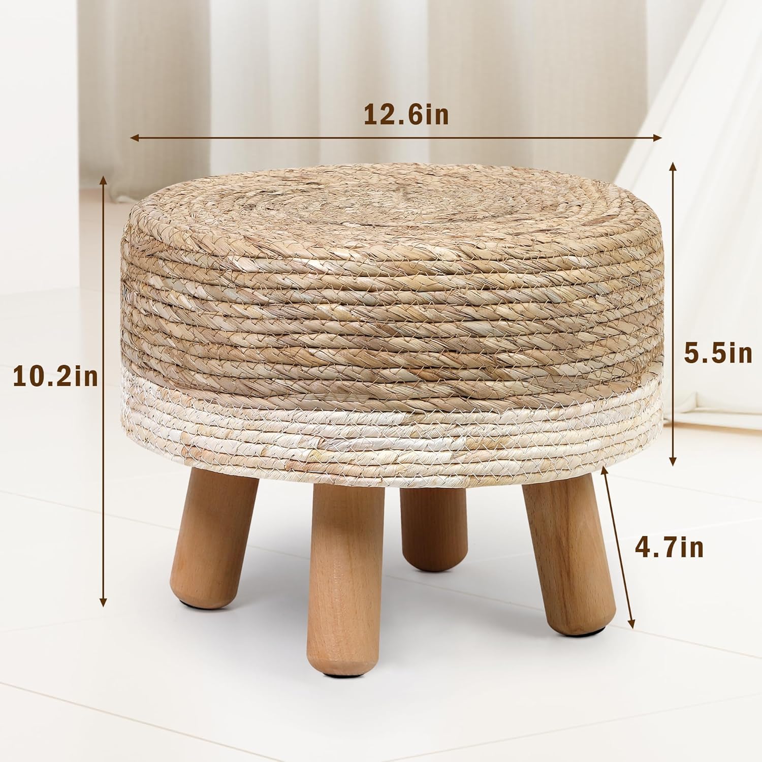 H&B Luxuries Ottoman, Natural Seagrass Footrest, Pouf Hand Weave Round Foot Stool for Couch, Desk, Soft Step Stool Padded Foot Rest with Pine Legs for Living Room, Bedroom