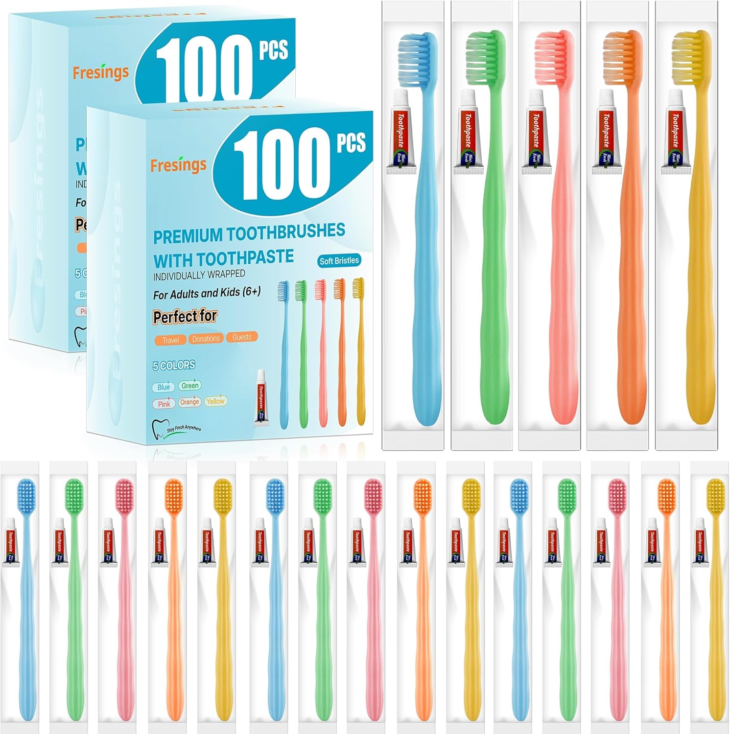200 Pack Disposable Toothbrushes with Toothpaste, Individually Wrapped, Soft PBT Bristles, Peanut Grip Handle, Fluoride-Free, Bulk Travel Kit for Hotel, Guests, Emergency, Adults & Kids