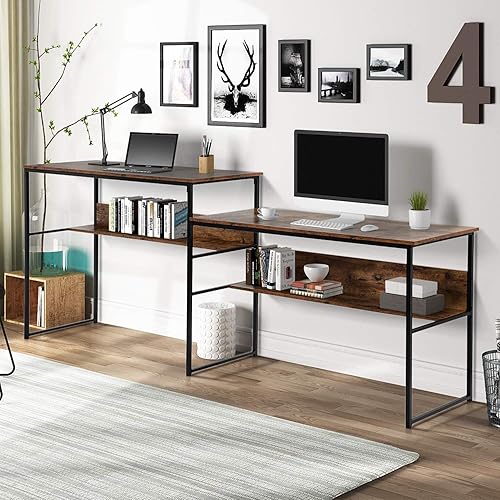 Merax Oficina con estación de trabajo doble para dos personas, escritorio de computadora extra grande con estantes de almacenamiento abiertos, mesa