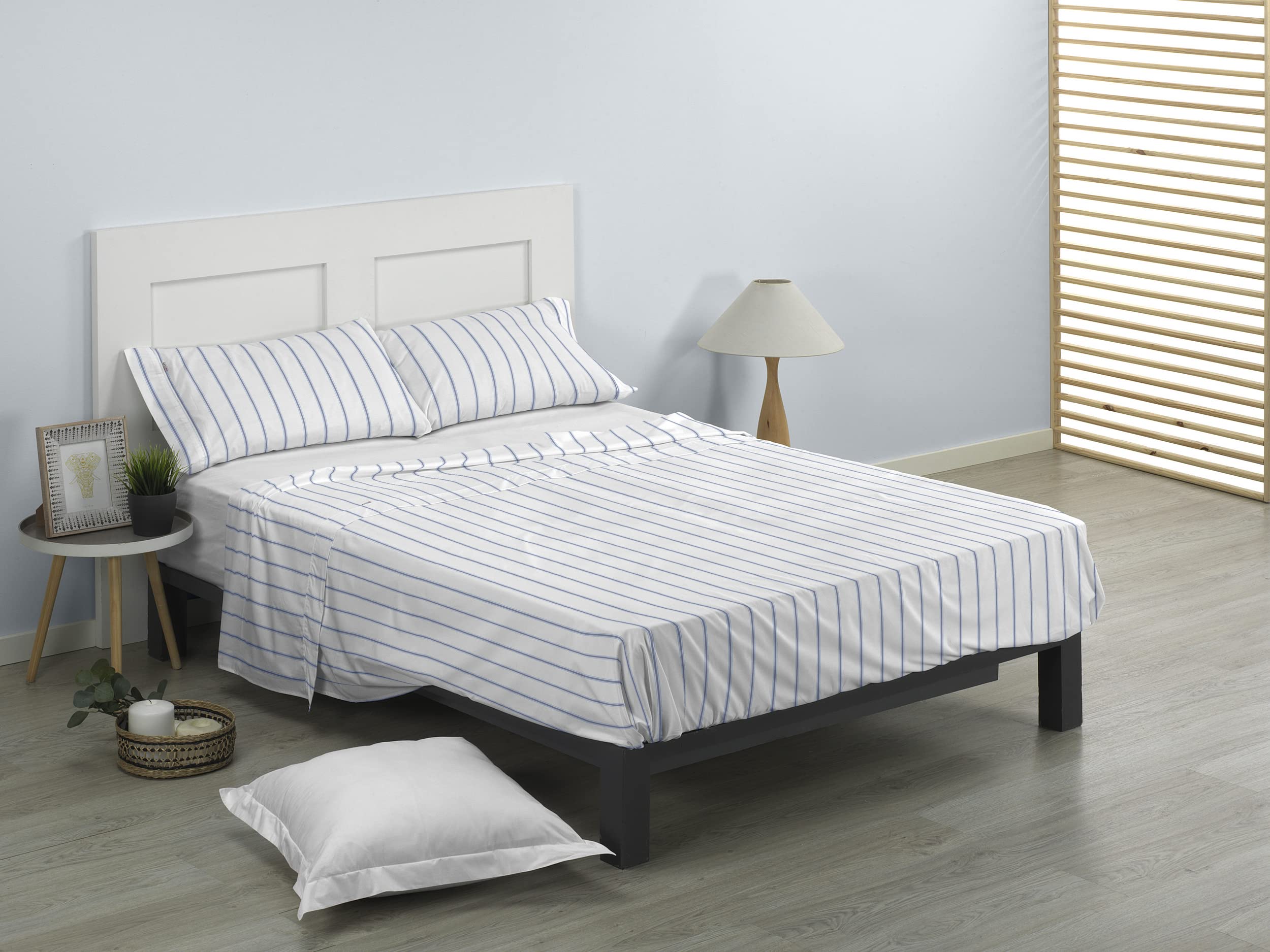 ESTELIA - Juego de sábanas Rita Color Azul - Cama de 150 (3 Piezas) - 100% algodón - 200 Hilos