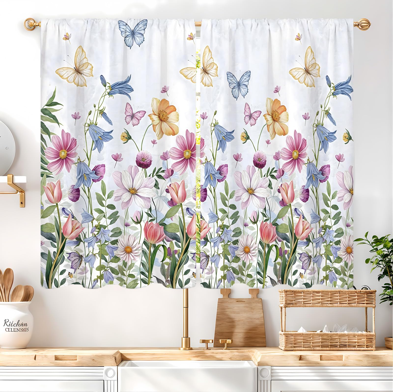 Vengaot Watercolor Floral Spring Colorful Flower Kitchen Curtains 27.5W X 39L Inch 2 Panels Wildflower Summer Butterfly Small Cafe Tier Short Morning Glory Window Treatment Drapes Bathroom Home Decor