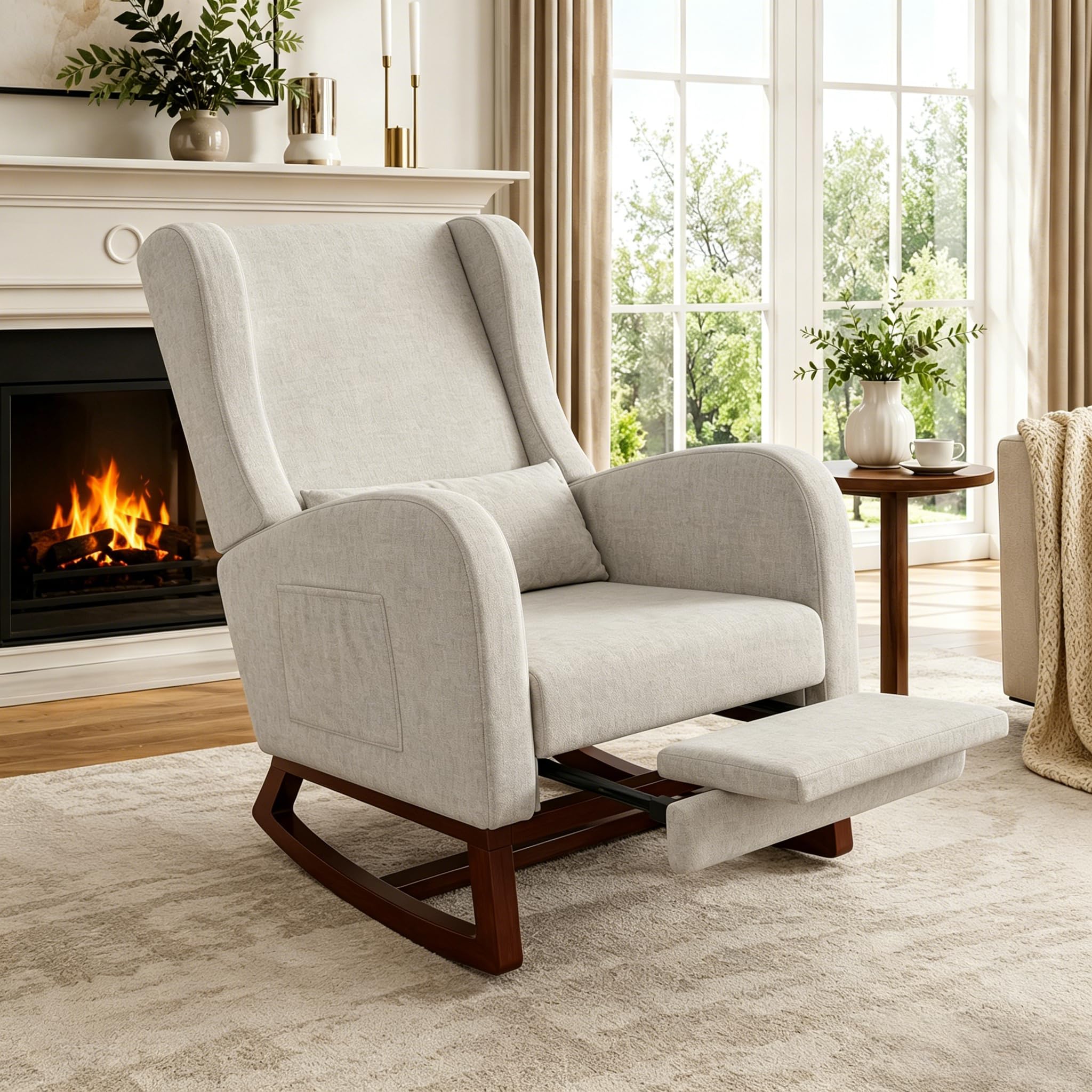 Silla Mecedora con reposabrazos y Bolsillos Laterales, Patas de Madera Maciza, Silla de relajación para Lactancia, Adecuada para Sala de Estar y Dormitorio, con cojín Acolchado (Gris)