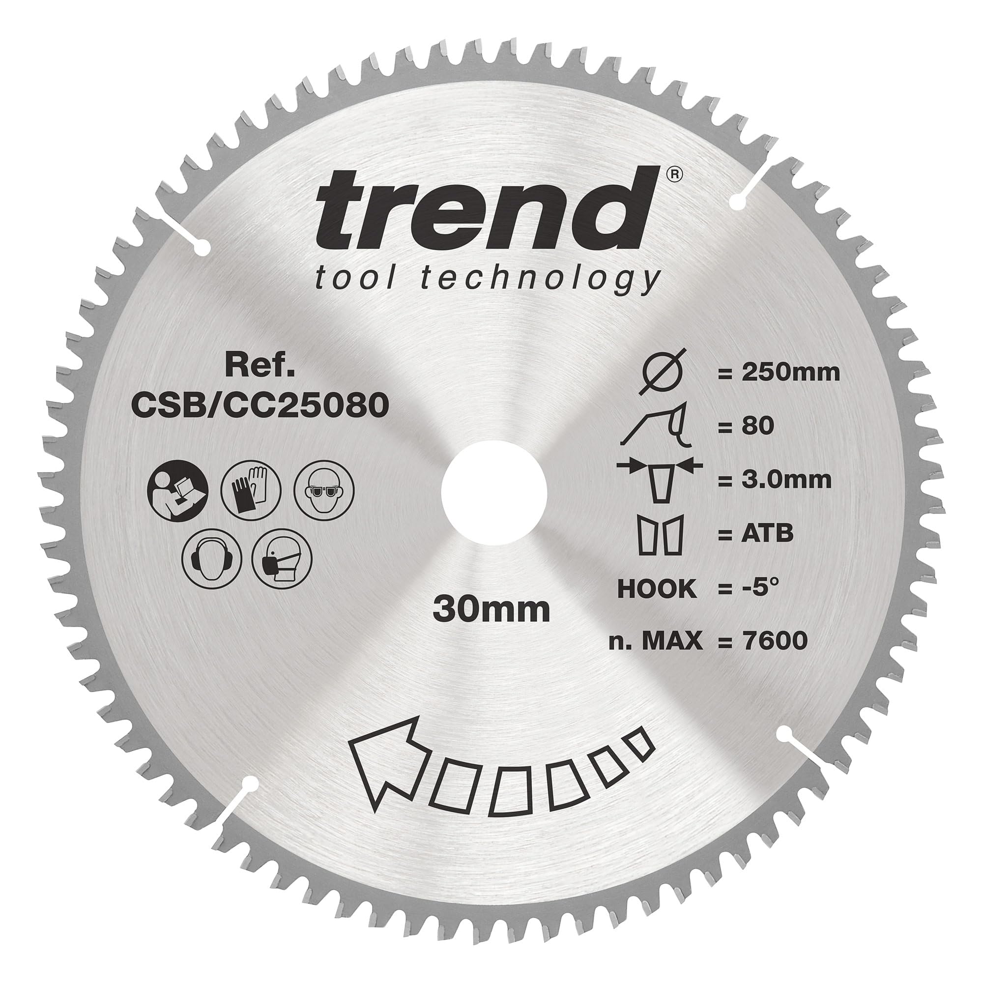 Trend Wood Mitre Saw Blade, 250mm Diameter, 30mm Bore, 80 Teeth, 3mm Kerf, -5° Hook, TCT, Extra-Fine Finish, CSB/CC25080