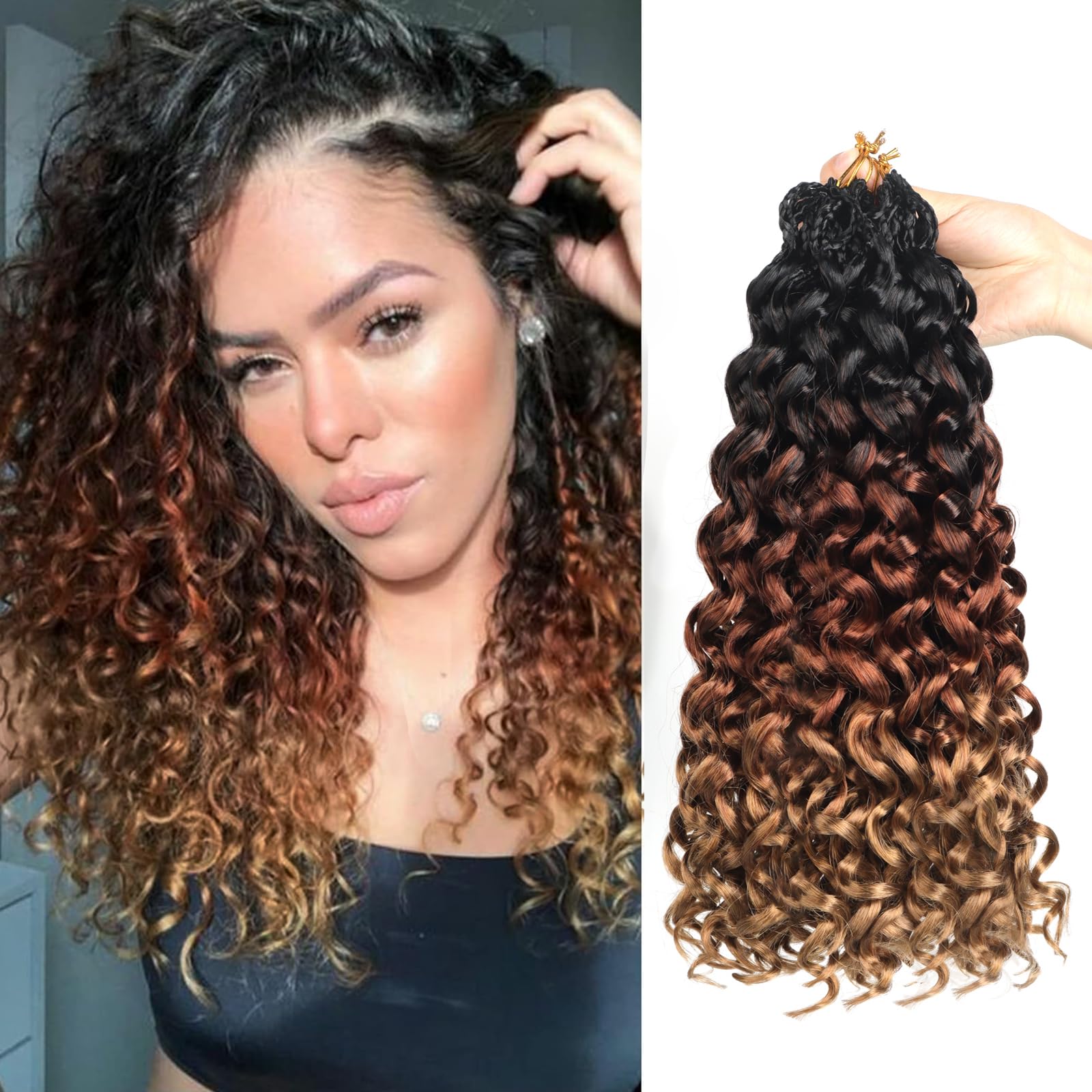 Datanala GoGo Curl Crochet Hair 12 Inch Water Wave 8 Packs Long Beach Curl Crochet Braiding Hair Synthetic Extensions For Women (T1B/30/27